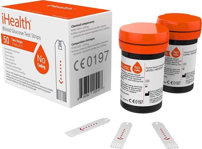 iHealth Benzi de test pentru glucoză din sânge fără cod iHealth - Benzi de glucometru 0,7 l fără enzimă GDH (2 x 25 buc.) universale