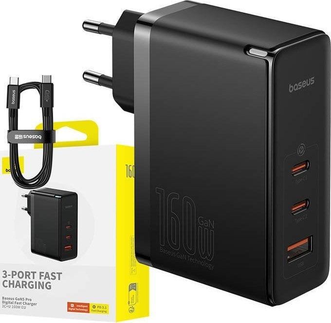 Încărcător Baseus Încărcător de rețea Baseus GaN5 Pro 2xUSB-C + USB, 160W (negru)