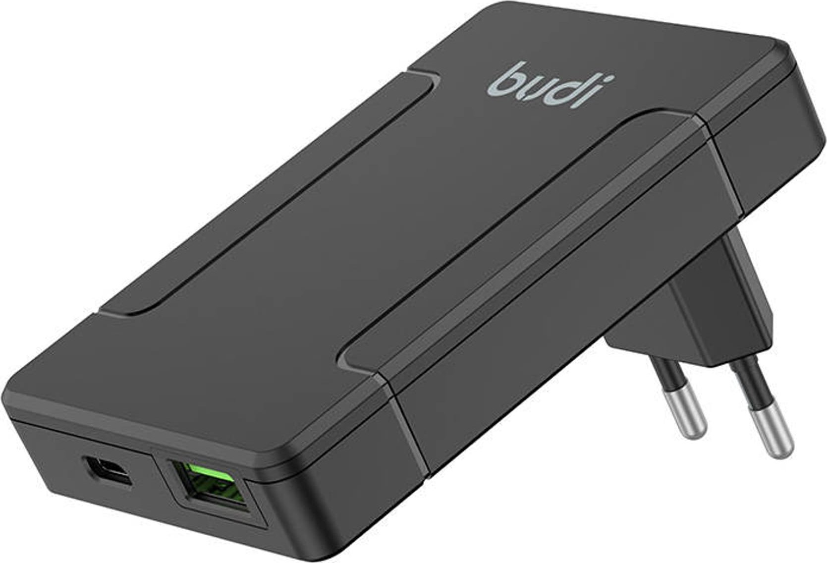 Încărcător Budi Încărcător de perete universal Budi, USB + USB-C, PD 65W + adaptoare EU/UK/US/AU (negru)