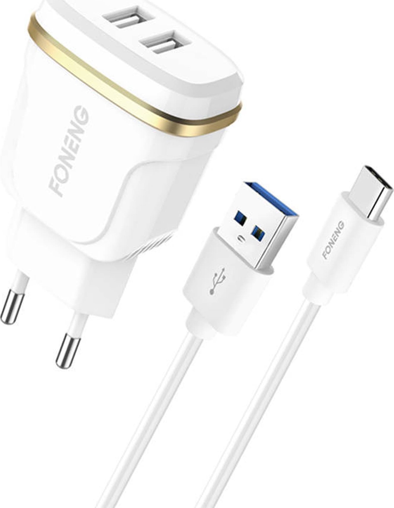 Încărcător Foneng Foneng T240 2x încărcător de perete USB, 2.4A + cablu USB la USB-C (alb)