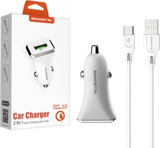 Încărcător ÎNCĂRCĂTOR AUTO 3A + CABLU TIP-C ALB SOMOSTEL 3100mAh SMS-A43 ÎNCĂRCARE RAPIDĂ USB-C QC 3.0