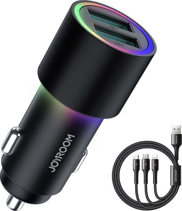 Încărcător Joyroom Încărcător auto Joyroom 2 x USB cu iluminare de fundal 24W + cablu de alimentare 3in1 USB Type C / micro USB / Lightning 1.2m negru (JR-CL10)