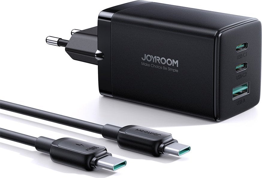 Încărcător Joyroom Joyroom TCG01 Încărcător de perete GaN 65W 2x USB-C, 1x USB-A negru + cablu USB-C/USB-C 100W 1,2m