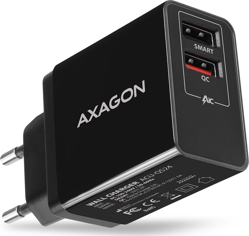 Incarcator retea AXAGON ACU-QS24, Smart Charging, 1x 5V/1.2A USB port, 1x USB QC3.0, Negru