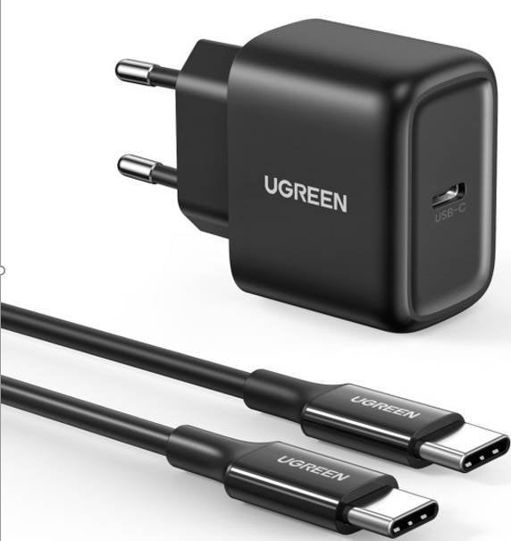 Încărcător Ugreen Încărcător de rețea UGREEN CD250, 25 W, USB-C (negru) + cablu USB-C la USB-C, 2 m (negru)