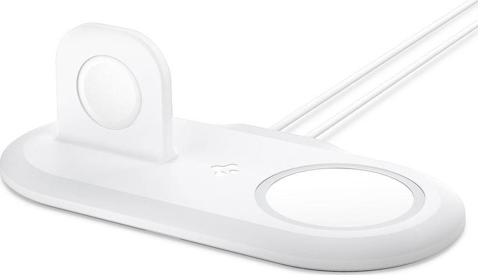 Incarcator wireless cu inductie, Spigen, MagFit Duo, Alb, Compatibil MagSafe, Pentru iPhone si Apple Watch
