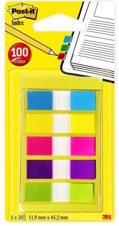 Index adeziv din plastic Post-it Tabs (683-5CB), 12 x 43 mm, set 5 x 20 file, culori neon