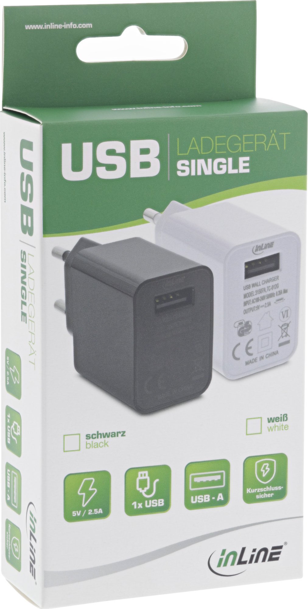 Adaptor de alimentare USB InLine InLine® simplu, 100-240V la 5V/2,5A, alb