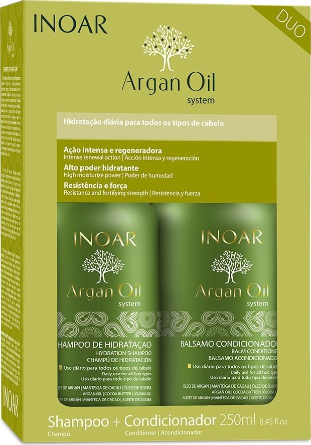 Inoar Drėkinantis plaukų priežiūros rinkinys su Argano aliejumi INOAR Argan Duo Kit: šampūnas 250 ml + kondicionierius 250 ml