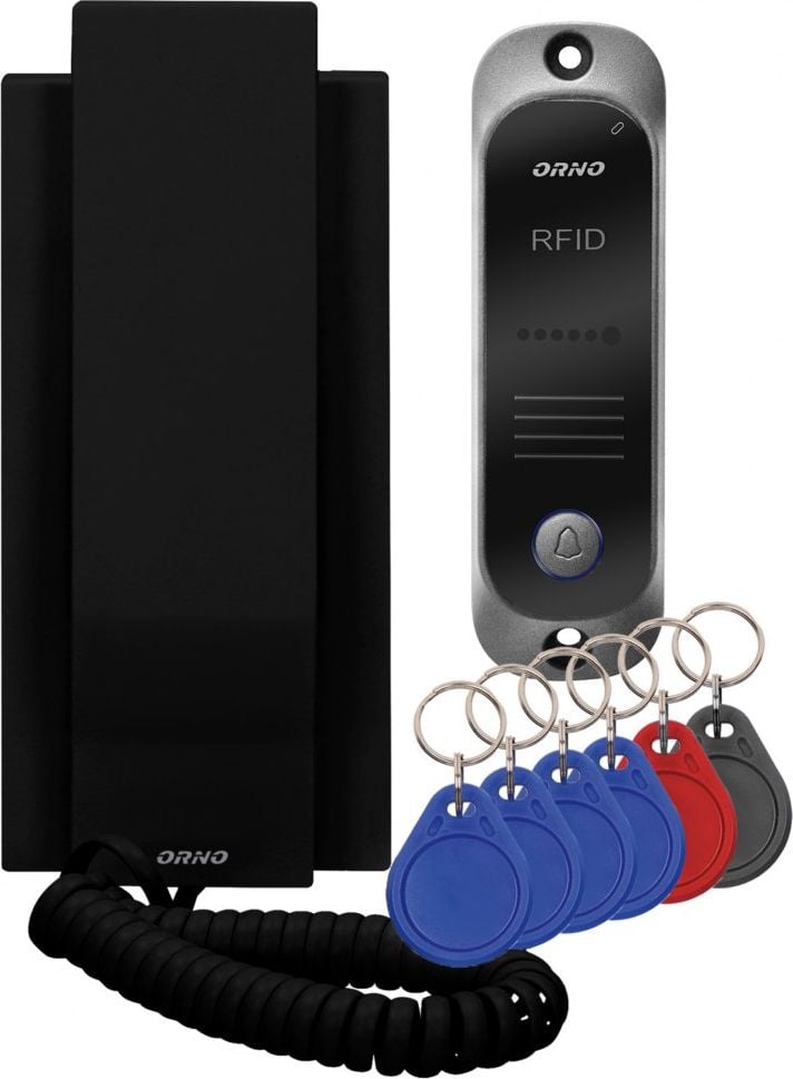 Interfon pentru o familie AVIOR ORNO OR-DOM-JA-928/B, deschidere cu ajutorul etichetelor de proximitate, control automat al portilor, negru/gri