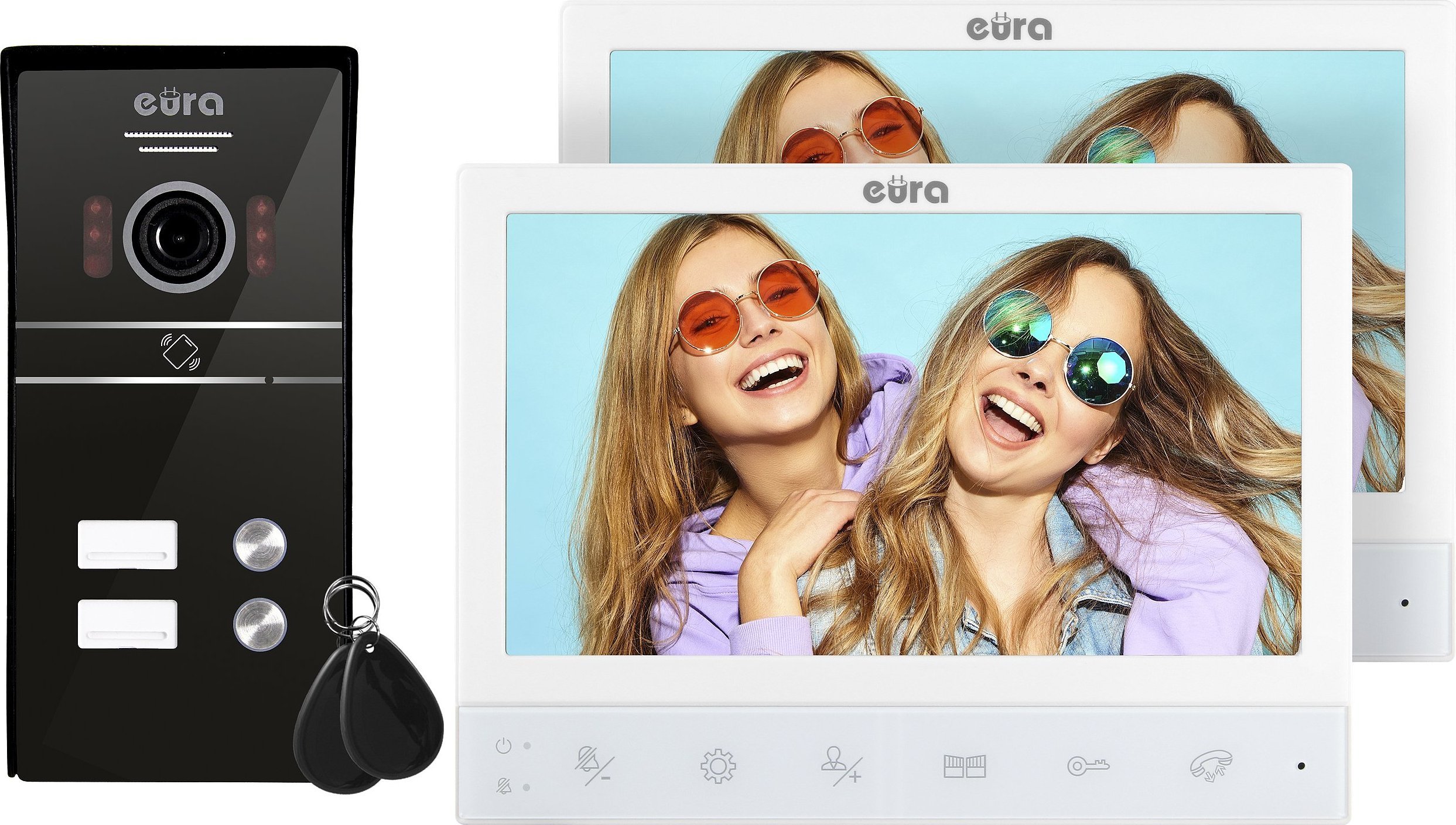 Interfon video Eura EURA VDP-80C5 - cu două familii, alb, 2x LCD 7'', FHD, suport pentru 2 intrări, cameră 1080p, cititor RFID, suprafață