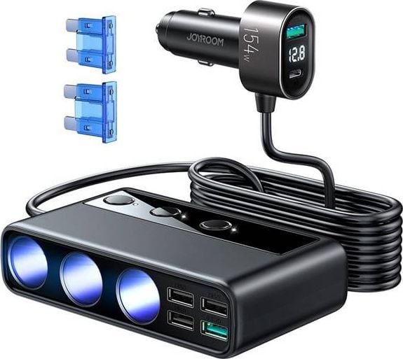 Incarcator auto Joyroom JR-CL06, 5 Porturi USB si 1 Port USB-C, Afisaj LED, 154W, Quick Charge 3.0, Lungime cablu 1m, Negru