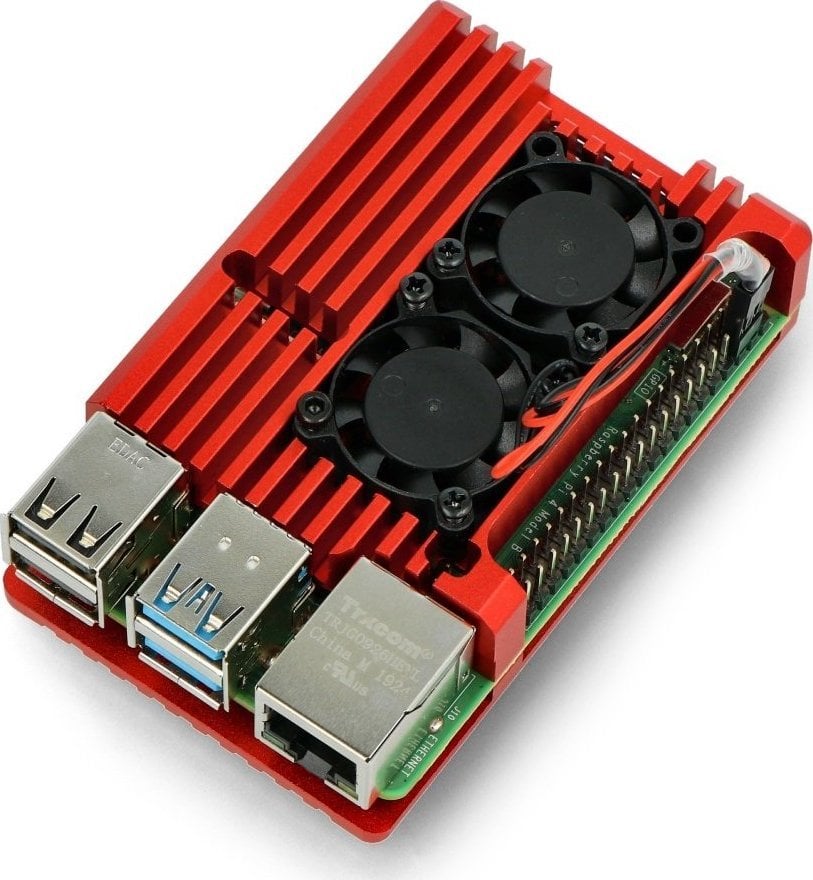 Carcasă JustPi justPi pentru Raspberry Pi 4B - aluminiu cu două ventilatoare - roșu