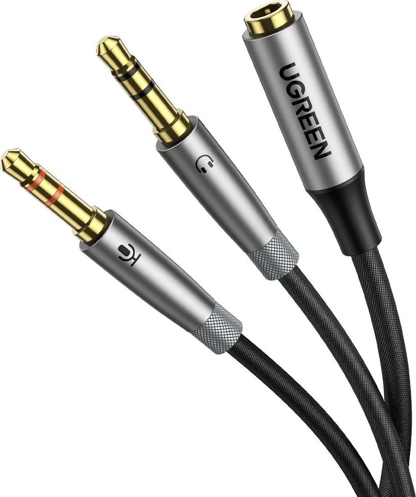 Adaptor Audio/Microfon Ugreen, mama 3,5 mm/ 2 x tata 3,5 mm, Cablu AUX, 20 cm, Argintiu