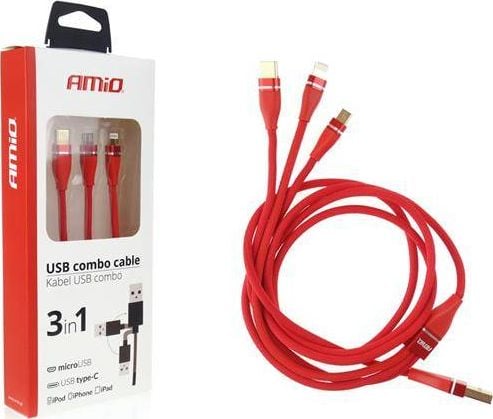 Cablu incarcator cu 3 USB, Combo tip C, MicroUSB si Apple 1.2m, rosu, 02178 Amio