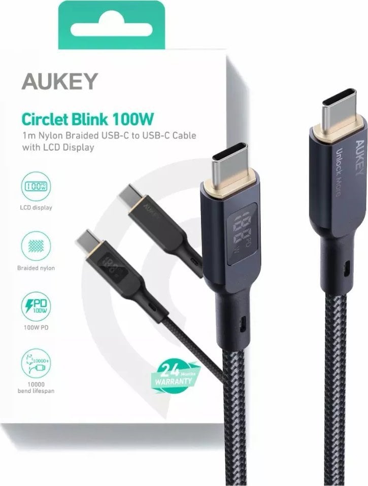 Kabel USB Aukey Aukey Kabel USB-C - USB-C, PD 100W, 1,8 m, LED