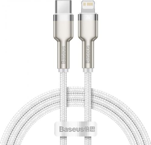 Cablu pentru incarcare si transfer de date Baseus Cafule Metal, USB Type-C/Lightning, Power Delivery 20W, 1m, Alb