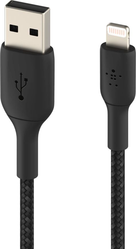 Cablu de date Belkin Boost Charge Braided, Compatibil cu iPhone/iPad, USB-A/Lightning, 2 m, Negru