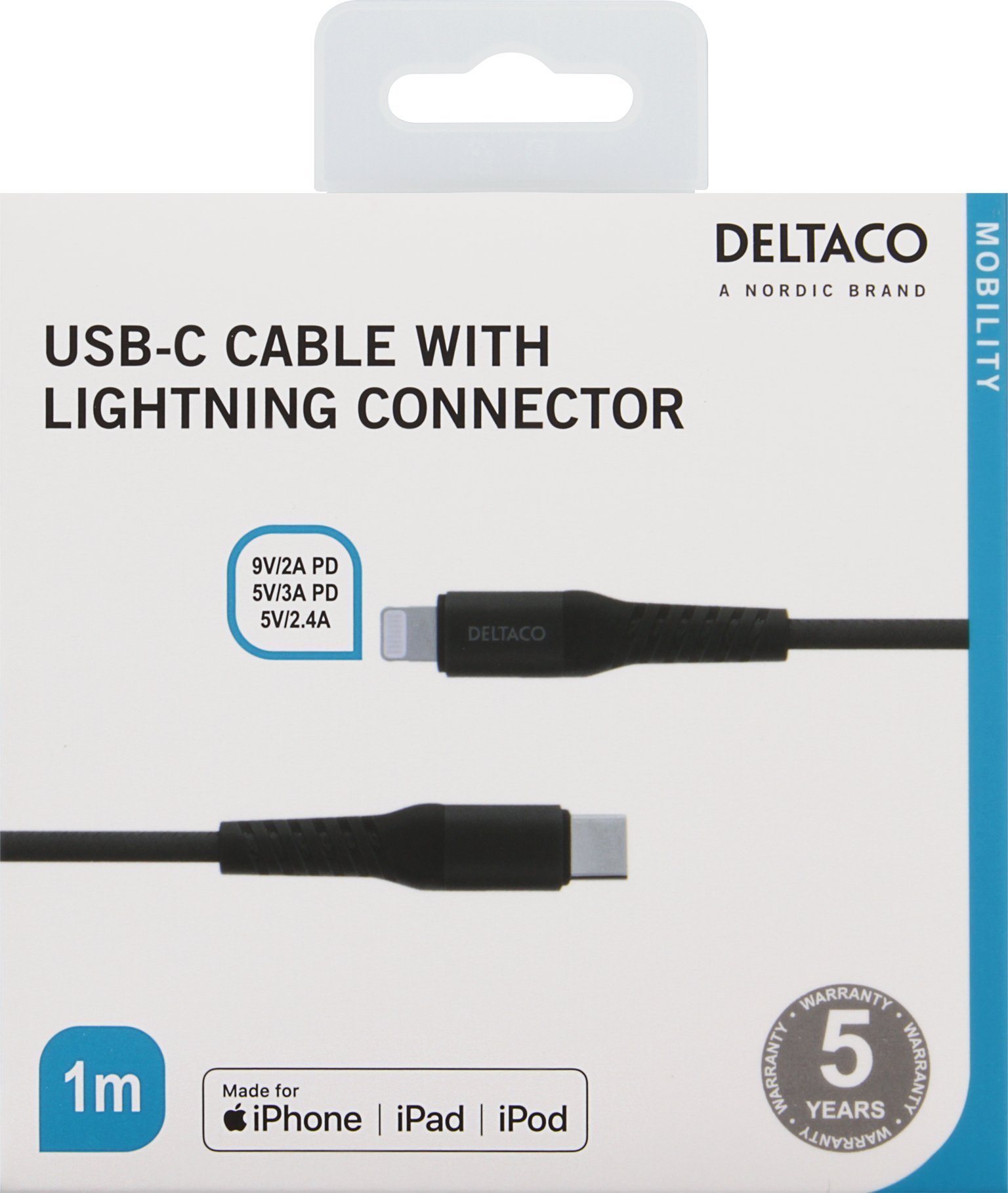 Kabel USB Deltaco DELTACO USB-C to Lightning Cable, 1m, 9V / 2A PD, 5V / 3A PD, 5V / 2.4A,, USB 2.0, Black / IPLH-313M