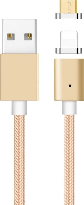 Cablu de incarcare rapida si transfer de date LIBOX LB0113 ,PREMIUM MAGNETIC, 2 in 1, Micro-USB, Lightning, conectori metalici din aluminiu, invelis protector din nylon composit impletit, fast-charge, 5V, 3A, 1m, LED, AURIU