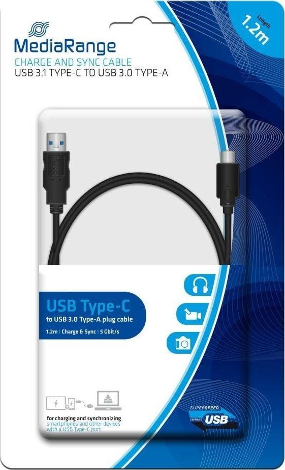 Cablu USB MediaRange USB-A - USB-C 1,2 m negru (MRCS160)