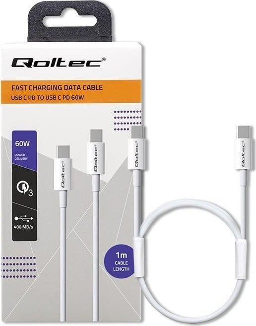 Cablu USB Qoltec QOLTEC 52359 Cablu USB 2.0 tip C Cablu USB 2.0 tip C 60W QC 3.0 PD 1m Alb