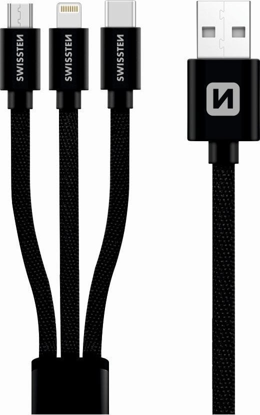 Kabel USB Swissten USB-A - USB-C + microUSB + Lightning 1.2 m Czarny (72501101)