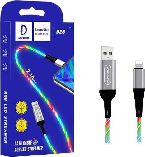 Kabel USB Vega KABEL USB IPHONE DENMEN LED STREMER 1M SREBRNY D25L 2,4A>