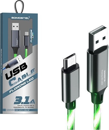 Kabel USB Vega KABEL USB MICRO 3.1A SOMOSTEL LED ZIELONY 3100mAh QUICK CHARGER QC 1.2M POWERLINE SMS-BY01 GREEN>