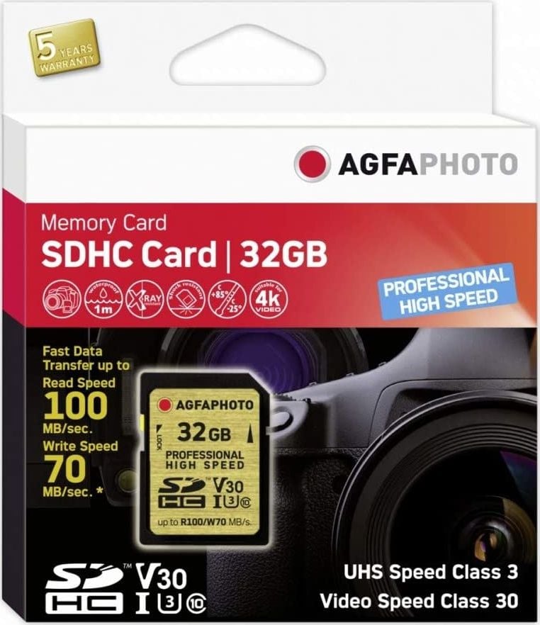 Card SDHC AgfaPhoto de 32 GB clasa 10 UHS-I/U3 V30 (10605)