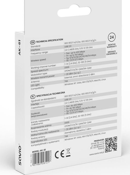 Karta sieciowa Savio Karta sieciowa adapter Wi-Fi USB, 2.4 GHz / 5 GHz, 433 Mbps, AK-61