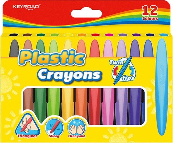 Keyroad Wax Crayons Keyroad Twin Tips, 12 buc, triunghiular, pandantiv, mix de culori
