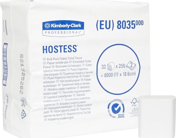 Kimberly-Clark Kimberly-Clark Hostess - Hârtie igienică pliată moale, hârtie reciclată, 2 straturi - 8000 de coli
