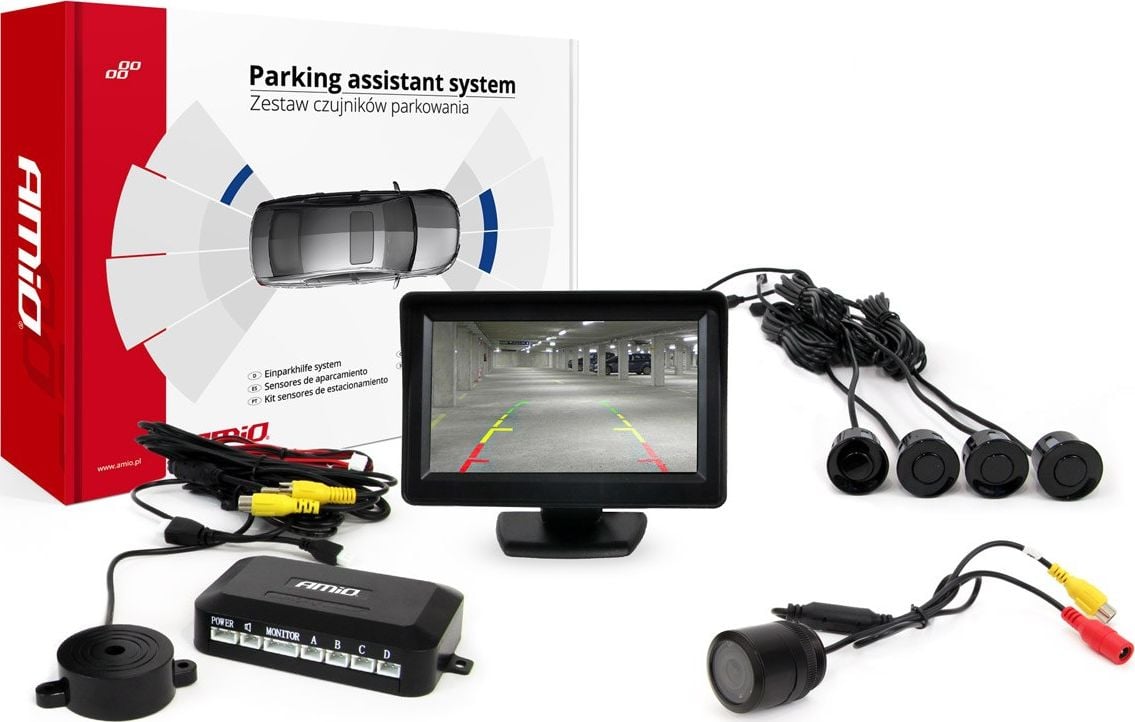 Kit asistent parcare, camera HD301, 4 senzori si monitor TFT01, alarma 01593 Amio