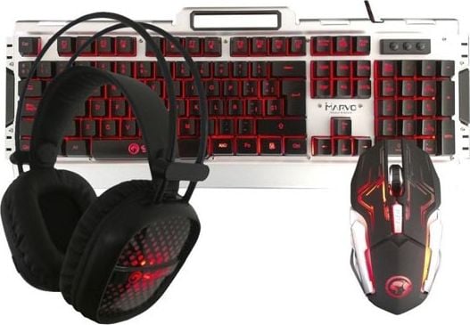 Kit gaming Marvo tastatura + casti + mouse CM303, cu cablu, iluminata, EN