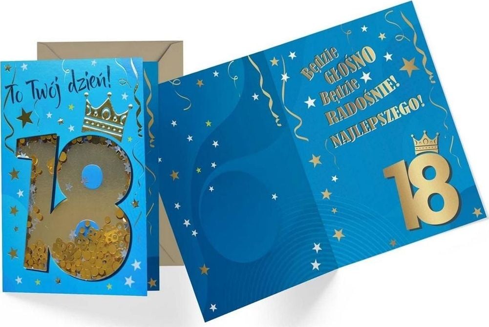 KUKARTKA Felicitare confetti 18 ani, albastru cu coroană KNF-033