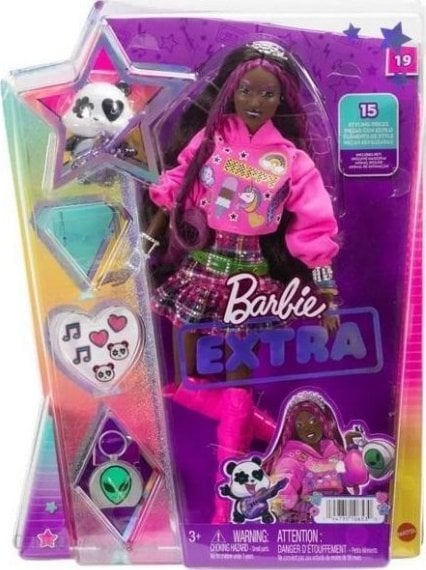 Lalka Barbie Mattel Barbie® Extra Lalka (brunetka z różowymi pasemkami) w bluzie z kapturem i kraciastej spódniczce, z pandą HKP93