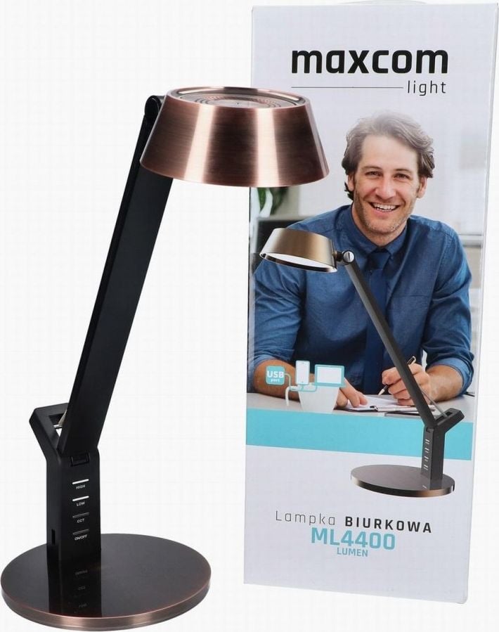 Lampa LED de birou Maxcom ML4400 Lumen, USB, 8W, 480 lm, temperatura lumina reglabila, Cupru