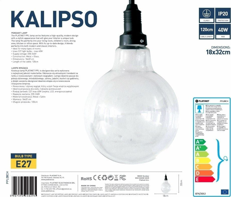 Suspensie Platinet PLATINET PENDANT LAMPĂ KALIPSO P150438-D E27 CROM+STICLĂ 18x32 [44029]