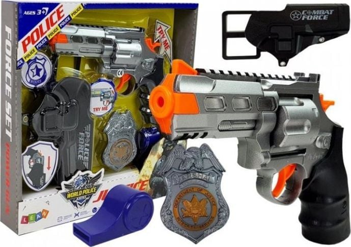 Set de joaca pentru copii, pistol cu toc, insigna si fluier de armata, LeanToys, 7868