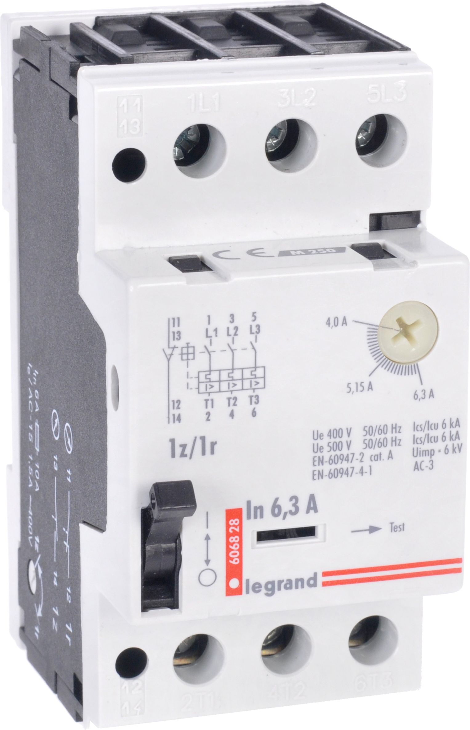 Comutator protectie motor Legrand 3P 2.5kW 4-6.3A M250 1NO/1NC 6.3 606828