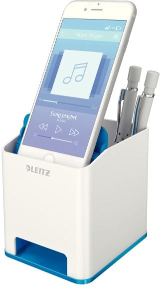 Suport instrumente de scris Leitz WOW cu amplificare sunet, culori duale, albastru metalizat/alb