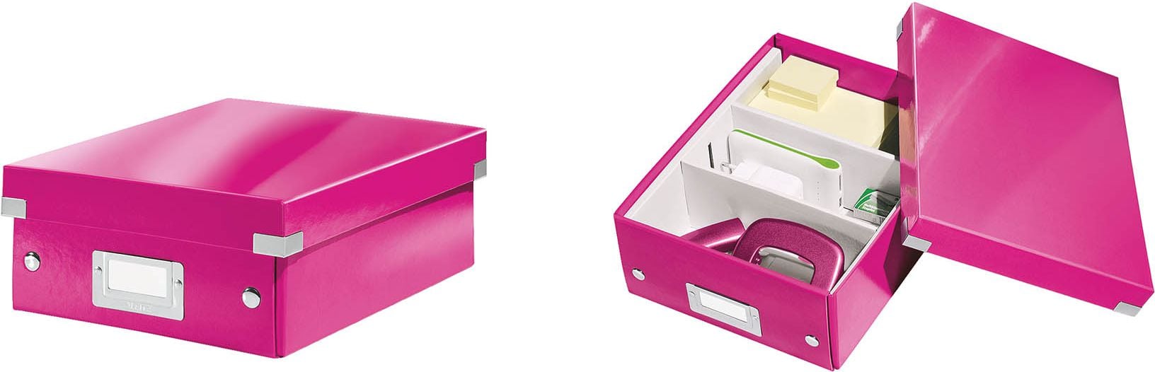 Cutie depozitare Leitz WOW Click &amp; Store Organizer, carton laminat, mica, rapid de asamblat, pliabila, roz