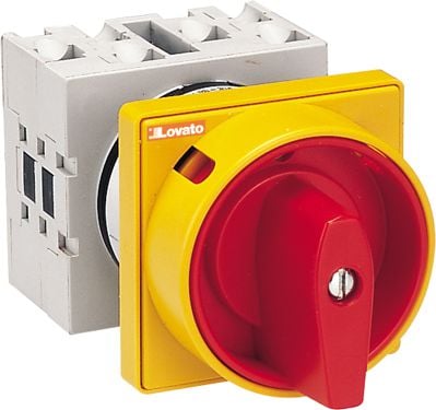 Comutator electric Lovato Cam 0-1 3P 16A pentru instalare cu butonul galben/rosu lacatabil (GX1610U25)