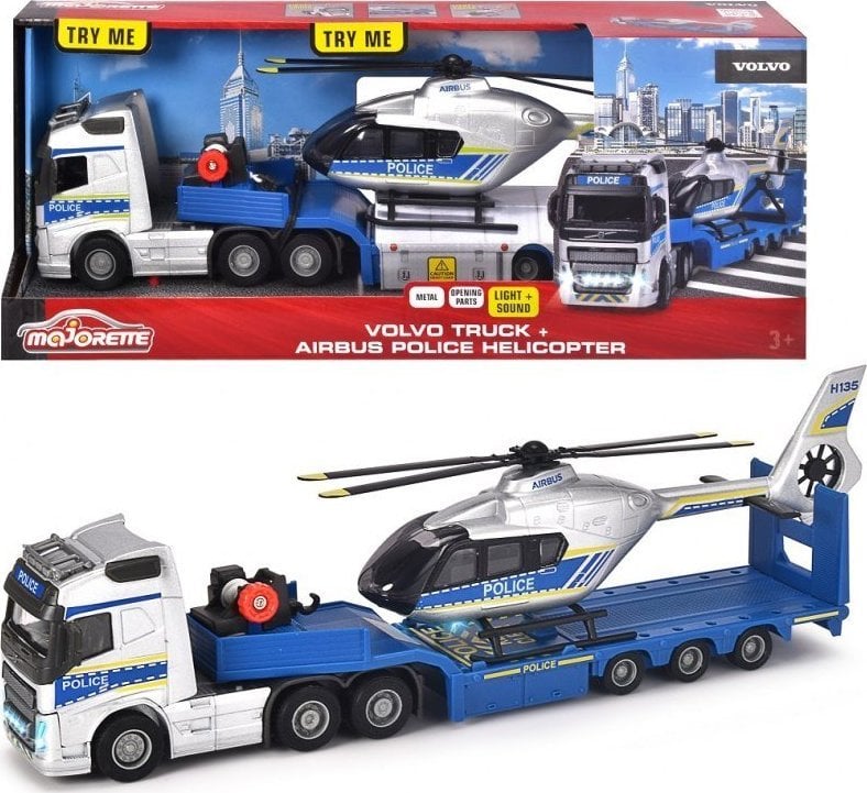 Majorette Majorette Grand Volvo camion de poliție cu remorcă și set de elicopter