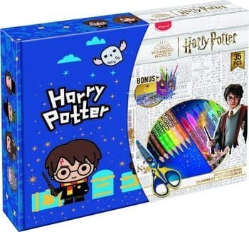 Set 35 de Instrumente de Desen, Maped Harry Potter School S, Contine 12 Carioci, 12 Creioane, 1 Foarfeca, 2 Pagini de Autocolante, 1 Ascutitoare, 1 Radiera, 1 Suport si 5 Accesorii