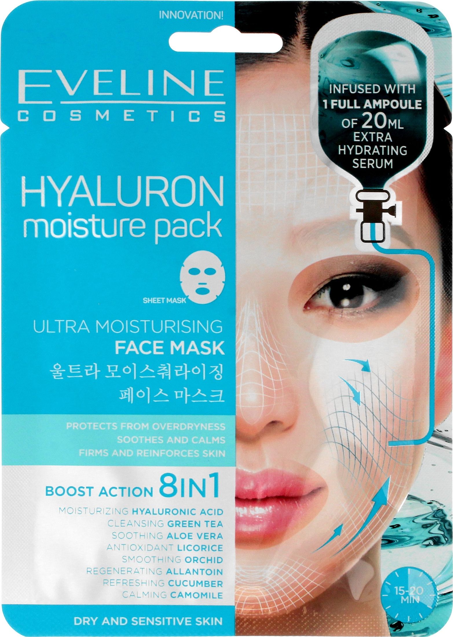 Masca de fata, Eveline Cosmetics, Hyaluron 8in1, ULTRA-MOISTURISING, 20 ml