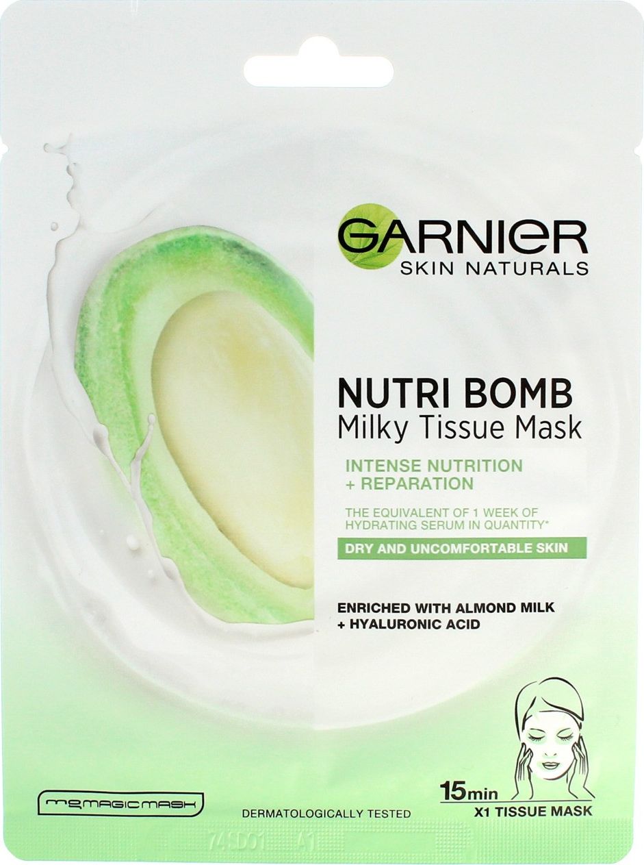 Masca servetel Garnier Nutribomb cu lapte de migdale si acid hialuronic pentru ten uscat, 28 g