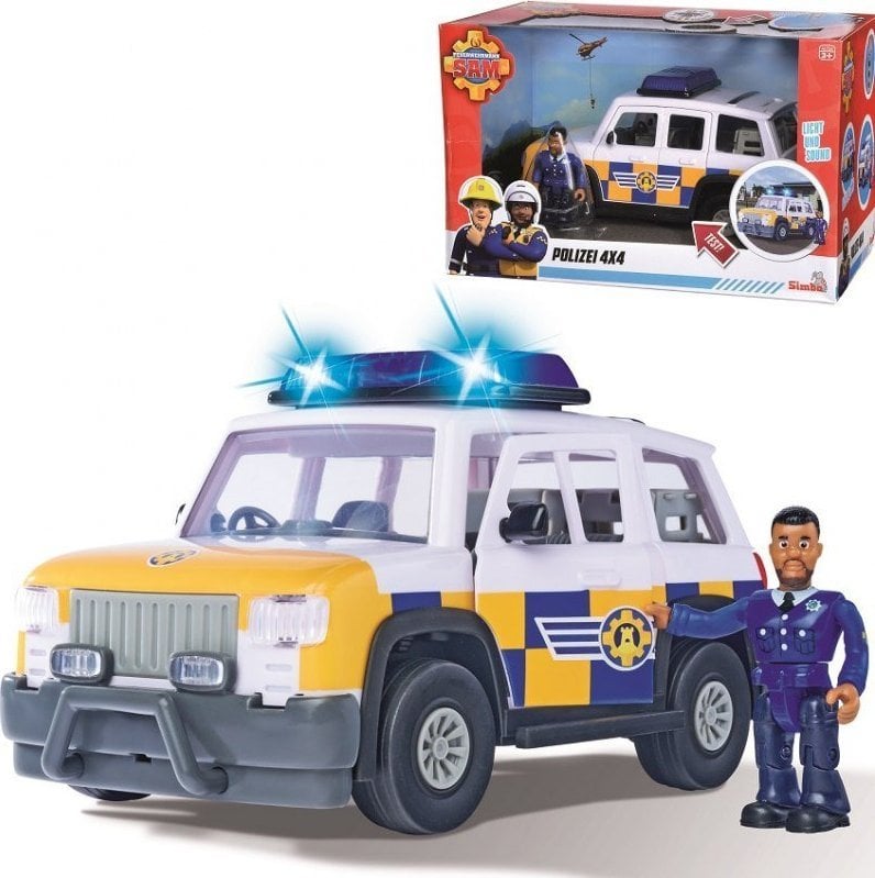 Masina de politie Simba Fireman Sam Police Car cu figurina Malcolm si accesorii