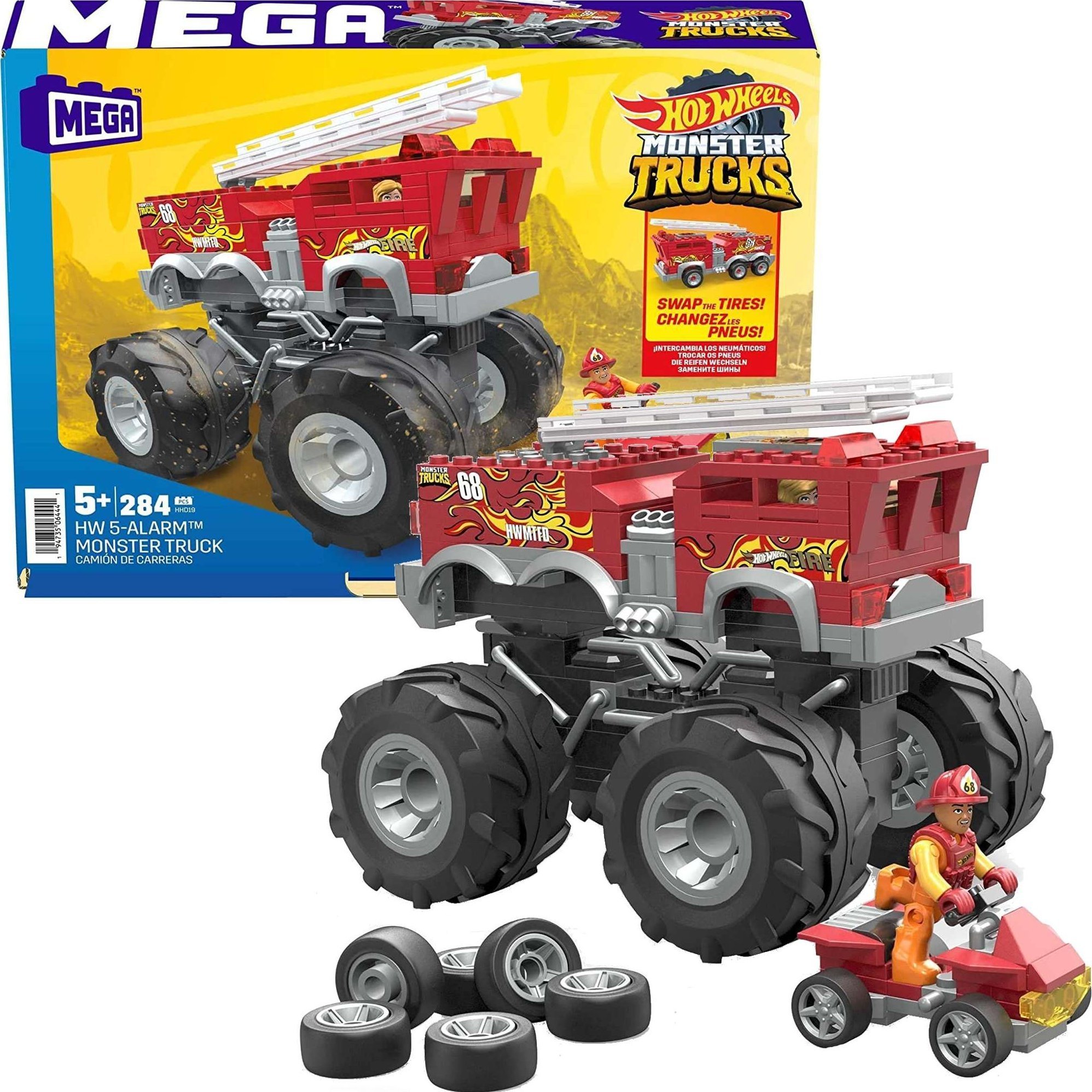 Mattel Hot Wheels Monster Trucks Mega - Set de cărămizi ATV pentru vehicul construibil cu 5 alarme + Buggy HHD19